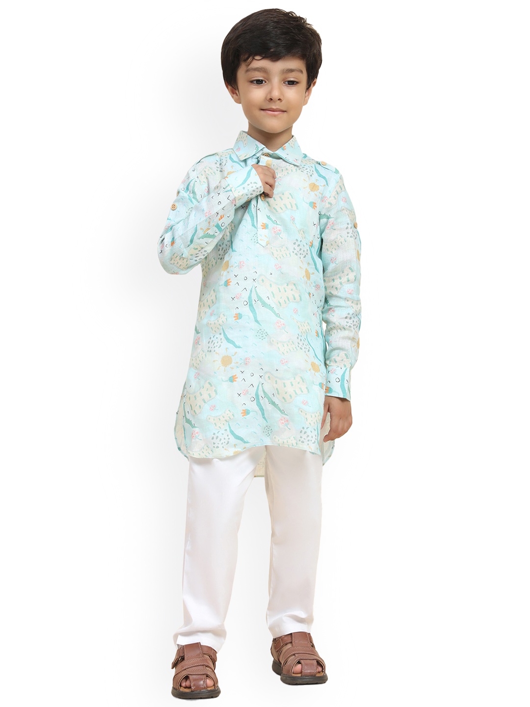 

BAESD Boys Floral Printed Shirt Collar Long Sleeves Linen Kurta with Pyjamas, Blue