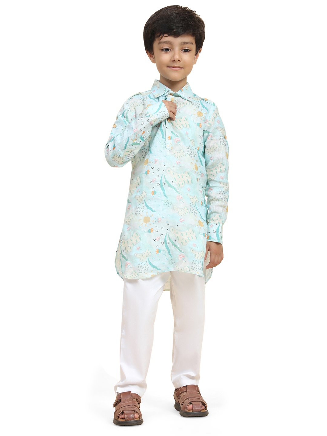 

BAESD Boys Spread Collar Long Sleeves Abstract Printed Linen Kurta with Pyjamas, Blue