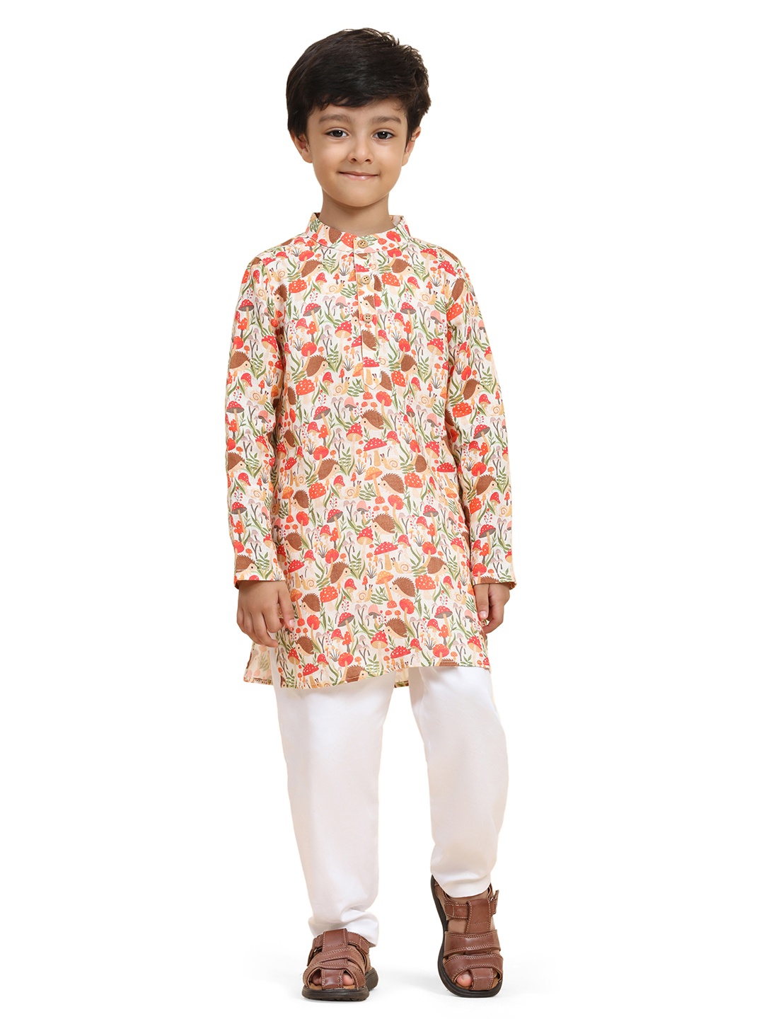 

BAESD Boys Mandarin Mandarin Collar Long Sleeves Floral Printed Linen Kurta & Pyjamas, Off white