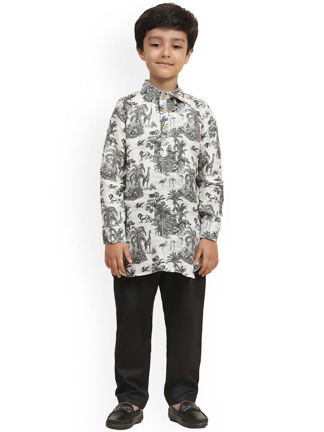 

BAESD Boys Floral Printed Shirt Collar Kurta With Pyjama, Grey