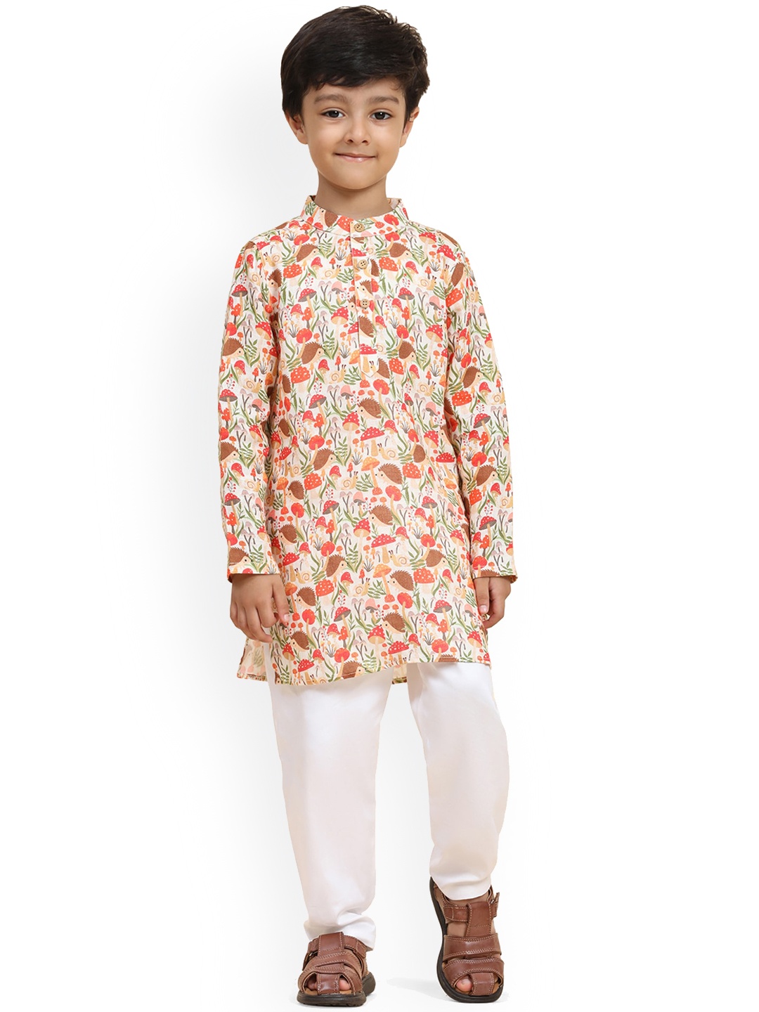 

BAESD Boys Floral Printed Mandarin Collar Linen Straight Kurta with Pyjamas, Orange