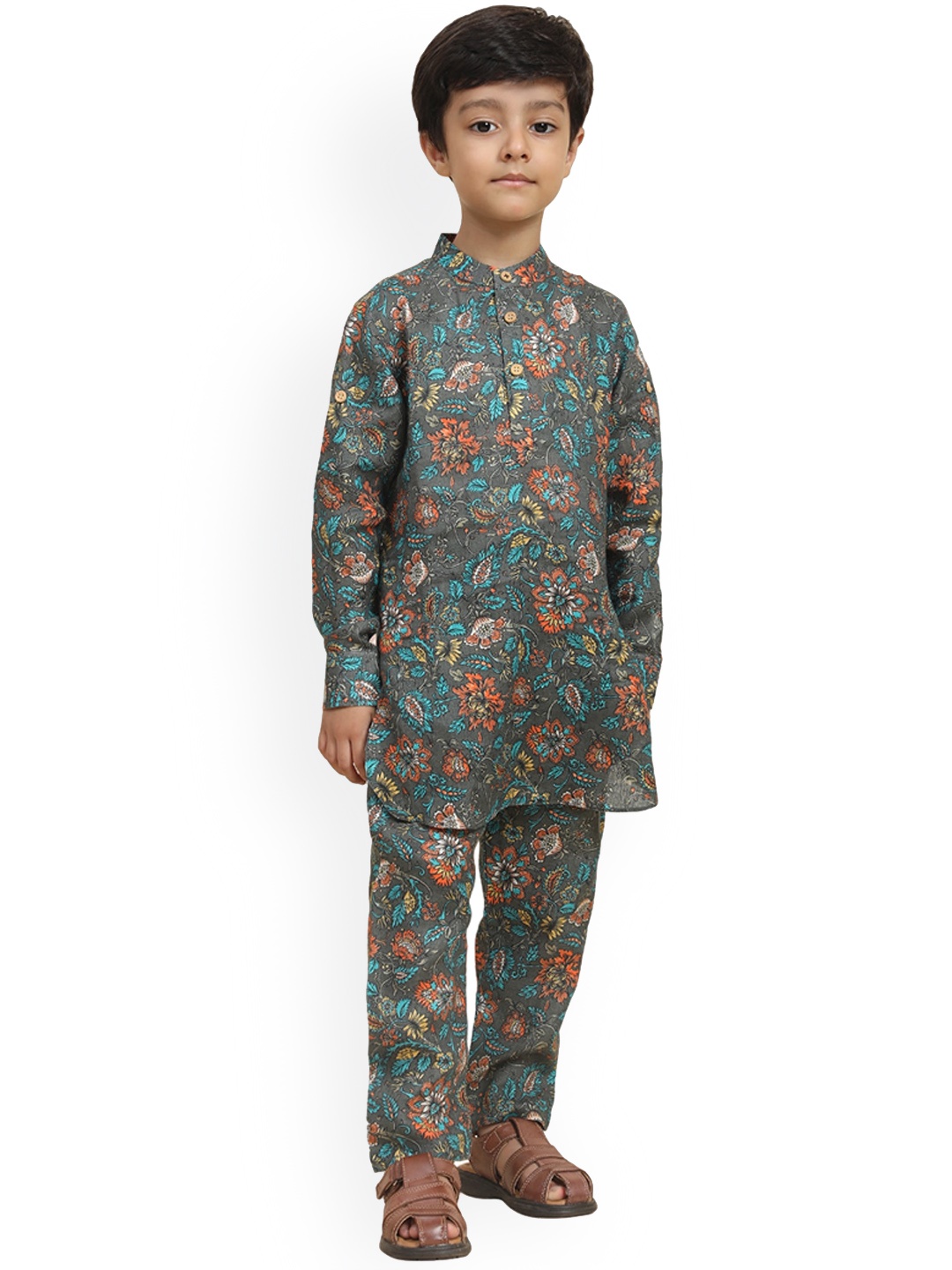

BAESD Boys Floral Printed Mandarin Collar Long Sleeves Linen Kurta with Pyjamas, Grey