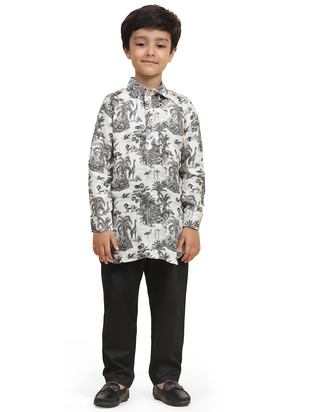 

BAESD Boys Shirt collar long sleeves Printed Regular Linen Kurta with Pyjamas, White