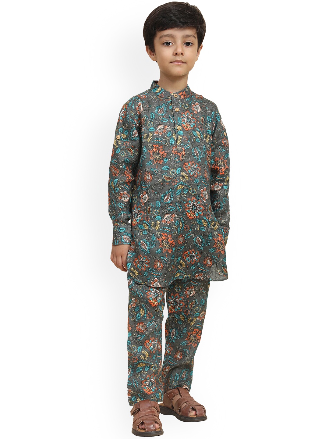 

BAESD Boys Floral Printed Mandarin Collar Long Sleeves Linen Kurta with Pyjamas, Grey
