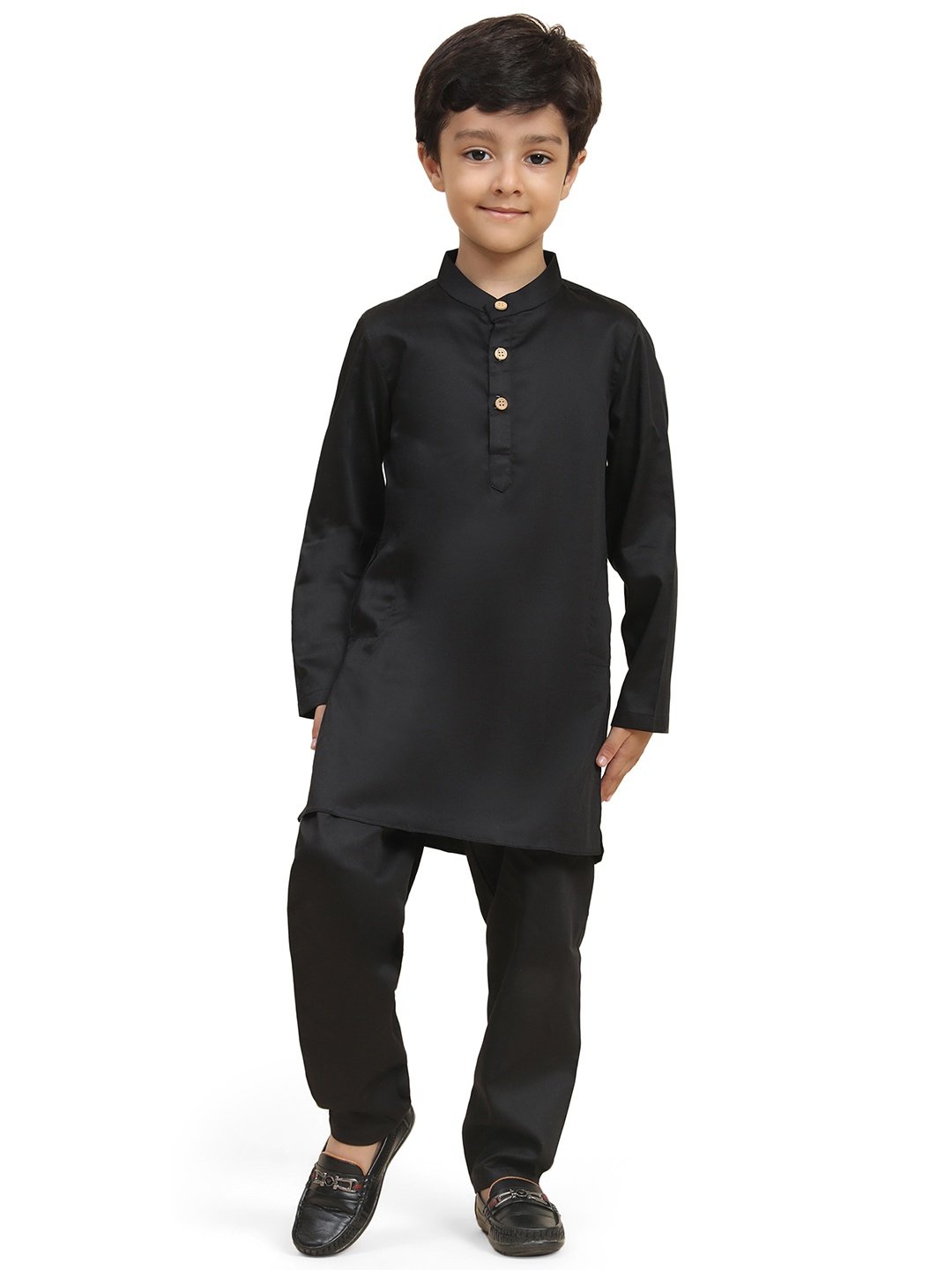 

BAESD Boys Band Collar Long Sleeves Straight Linen Kurta with Pyjamas, Black