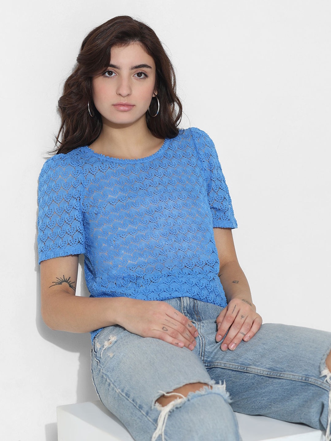 

ONLY Laced Round Neck Top, Blue