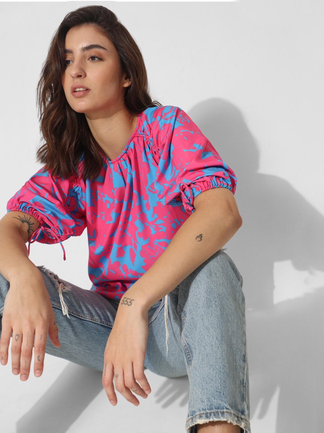 

ONLY Abstract Printed Boat Neck Puff Sleeves Top, Pink