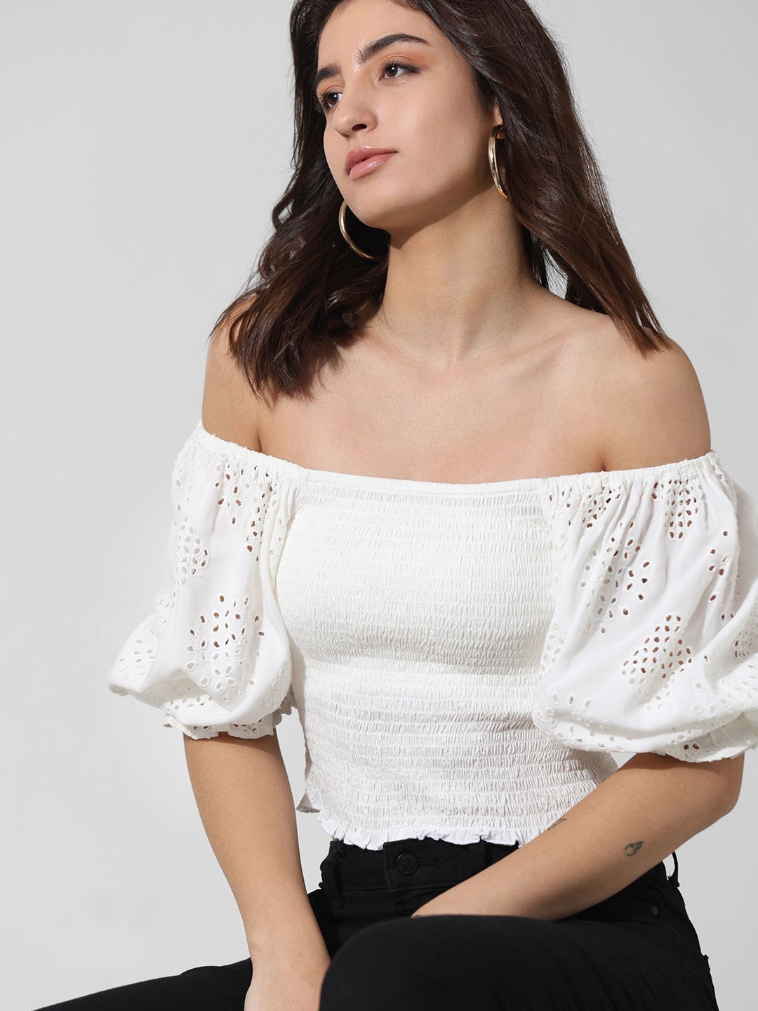 

ONLY Square Neck Puff Sleeve Bardot Crop Top, White