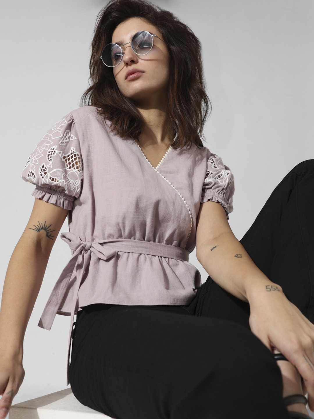 

ONLY Self Design Puff Sleeves Waist Tie-Up Detail Pure Cotton Wrap Top, Purple
