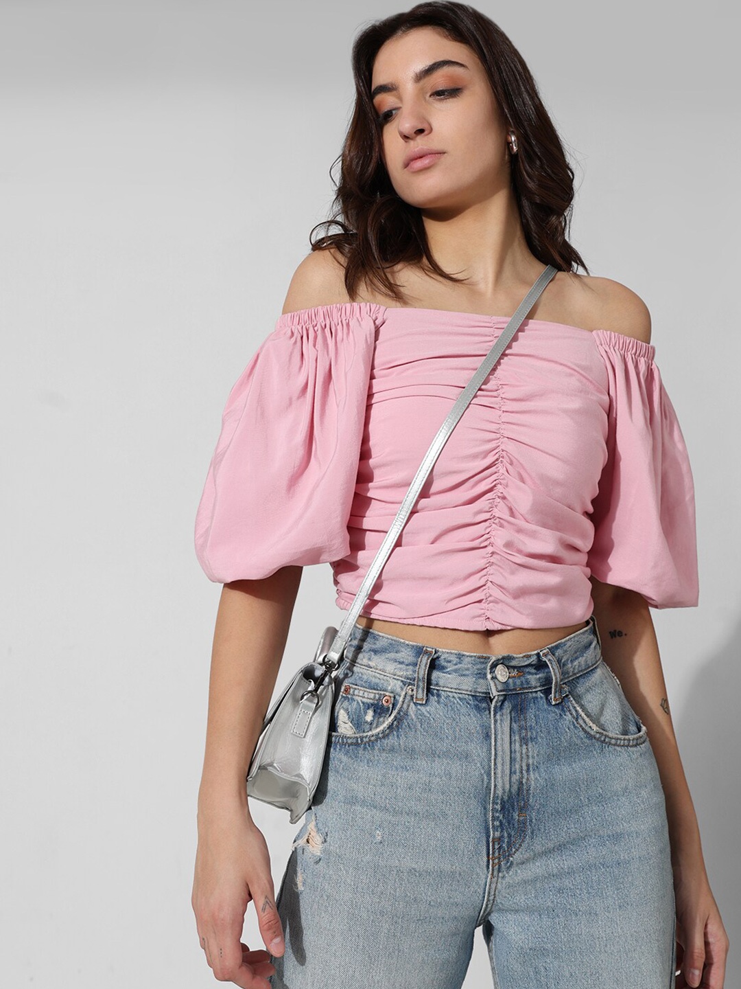 

ONLY Puff Sleeves Square Neck Ruched Pure Cotton Crop Top, Pink