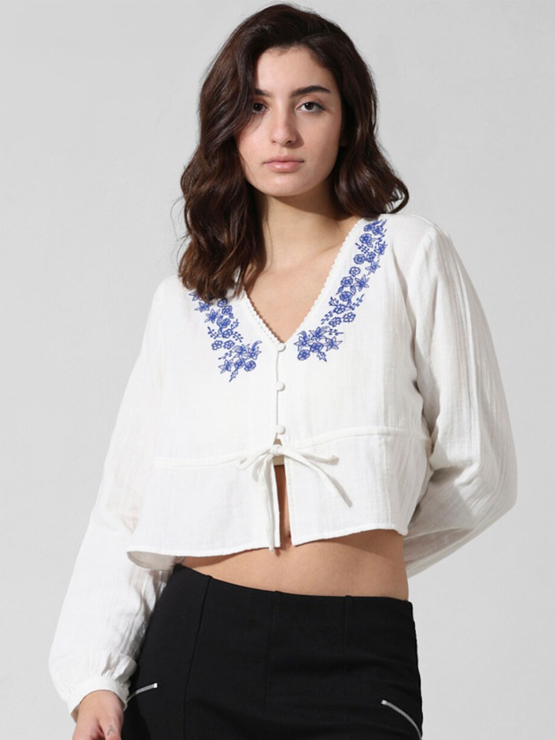 

ONLY Printed Cotton Cinched Waist Pure Cotton Crop Top, White