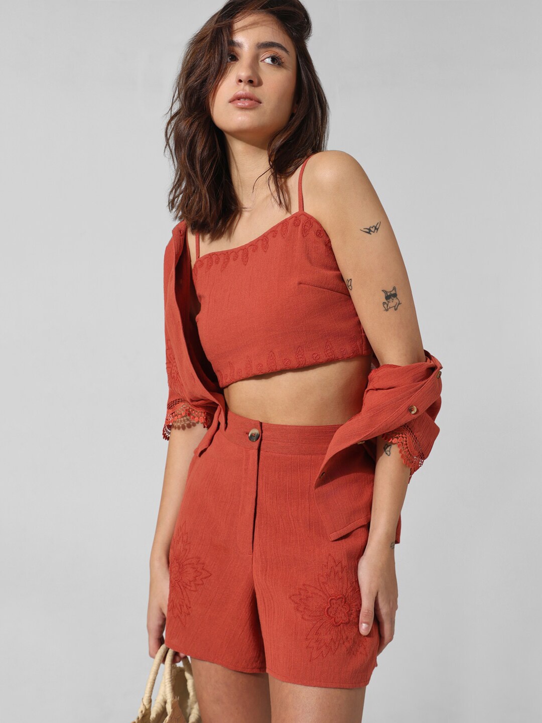 

ONLY Embroidered Shoulder Straps Pure Cotton Crop Top, Brown