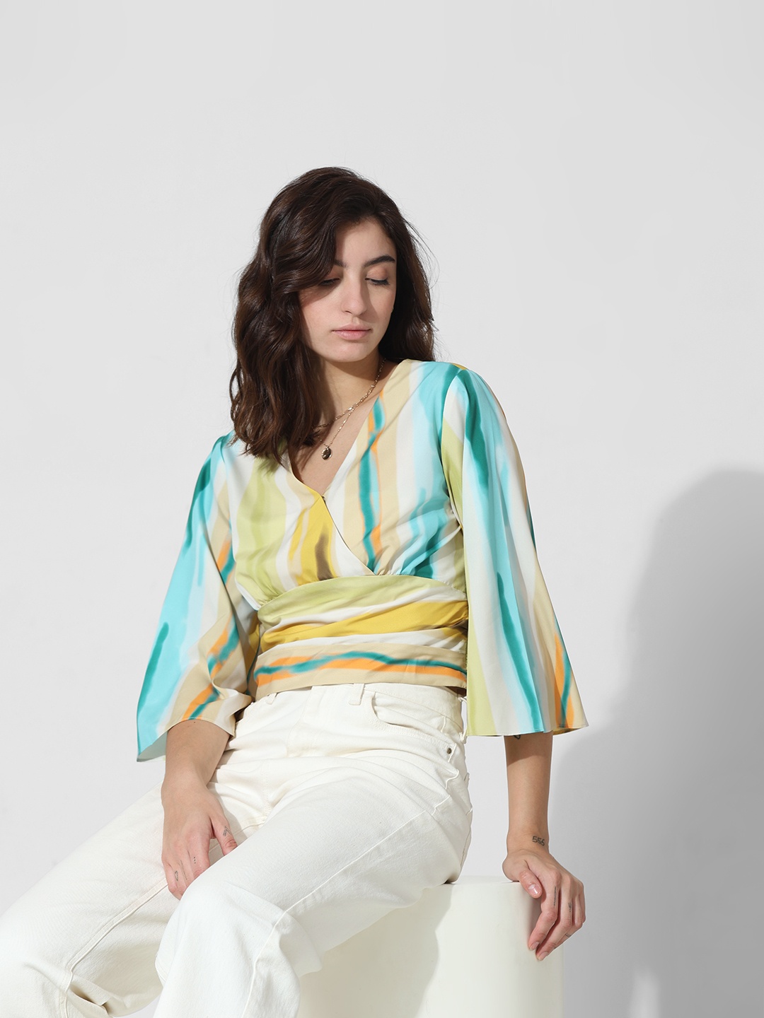 ONLY Abstract Printed Flared Sleeves Wrap Crop Top, Blue