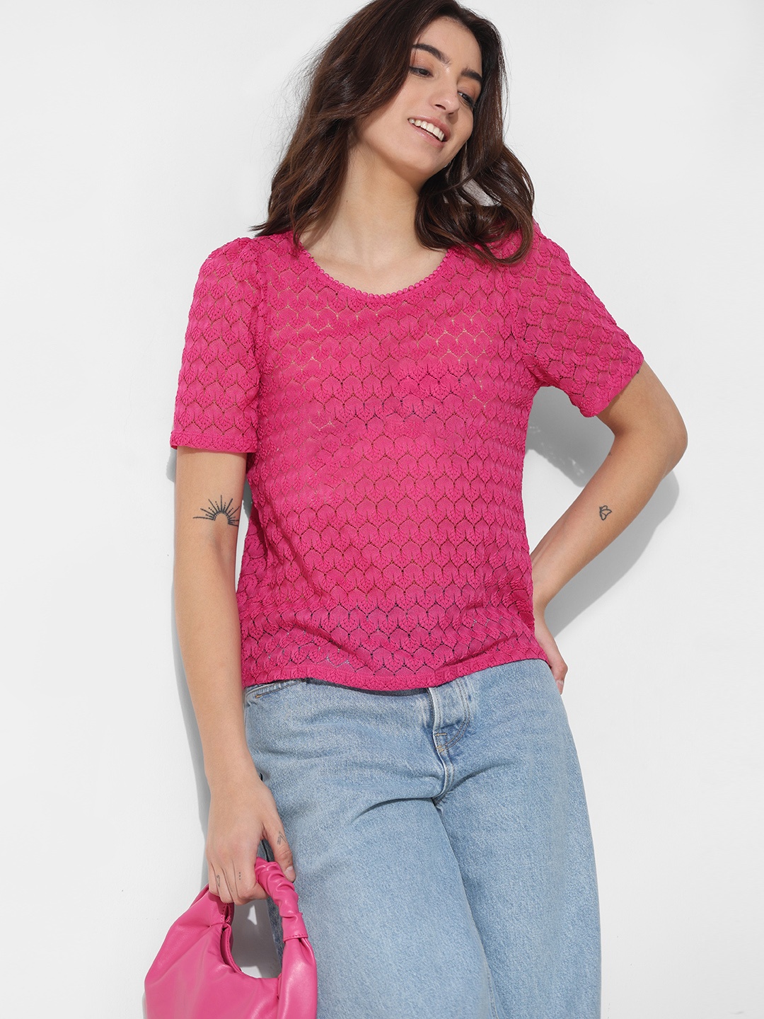 

ONLY Self Design Semi Sheer Round Neck Lace Top, Pink