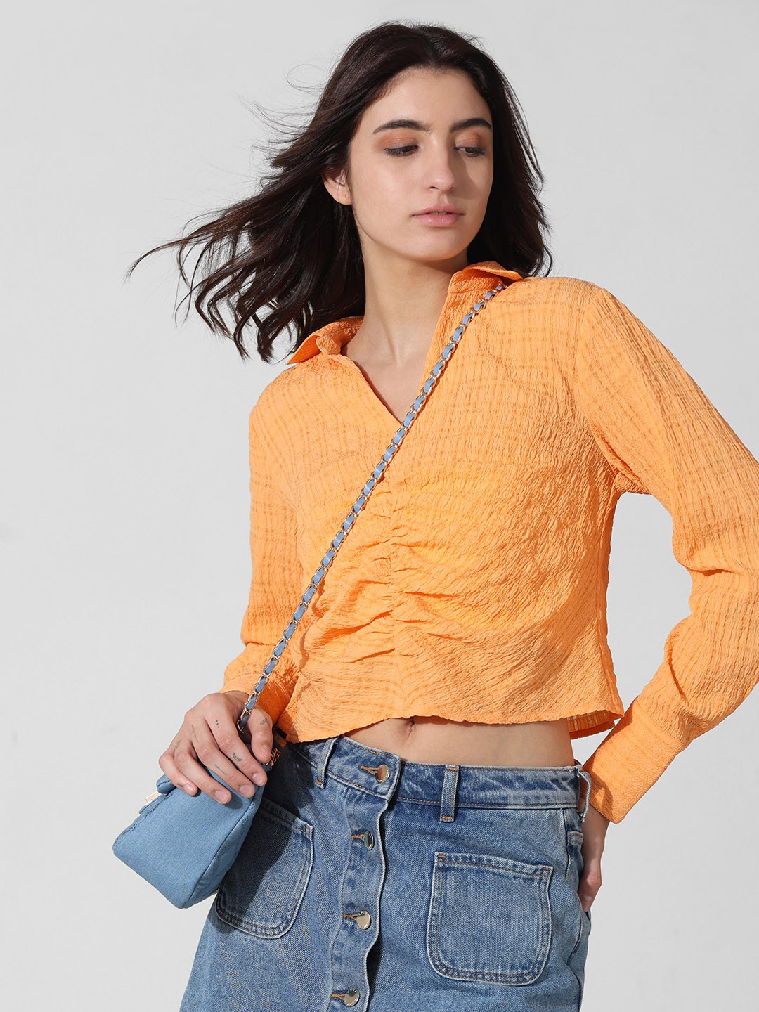 

ONLY Self Design Ruched Shirt Collar Cuffed Sleeves Crop Top, Orange