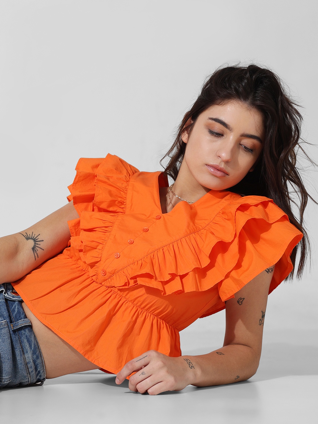 

ONLY Flutter Sleeves Ruffled Crop Cotton peplum Top, Orange