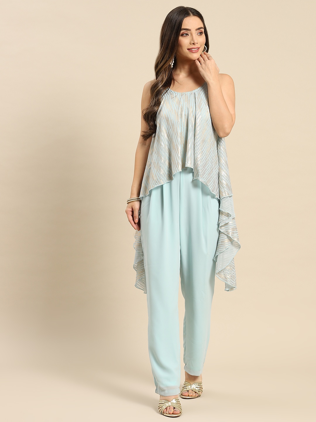 

MABISH by Sonal Jain Blue & Gold-Toned Striped Basic Jumpsuit