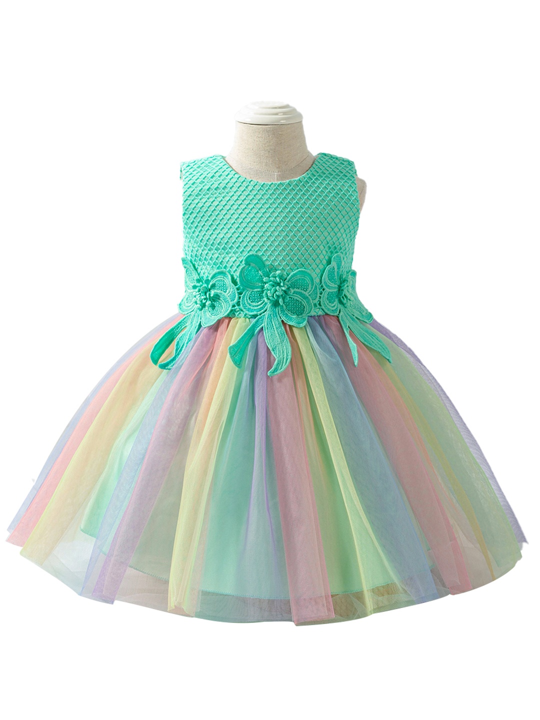 

StyleCast Girls Green Round neck Sleeveless Striped Applique Fit & Flare Dress