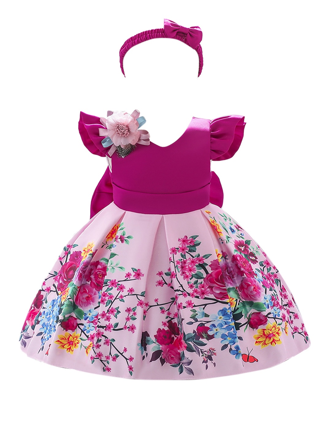 

StyleCast Girls Fuchsia Floral Printed V-Neck Puff Sleeves Party Fit & Flare Midi Dress