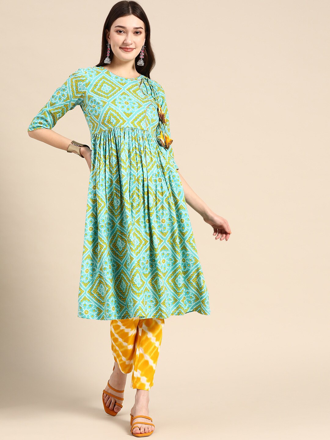 

MABISH by Sonal Jain Bandhani Printed A-Line Kurta With Trousers, Turquoise blue