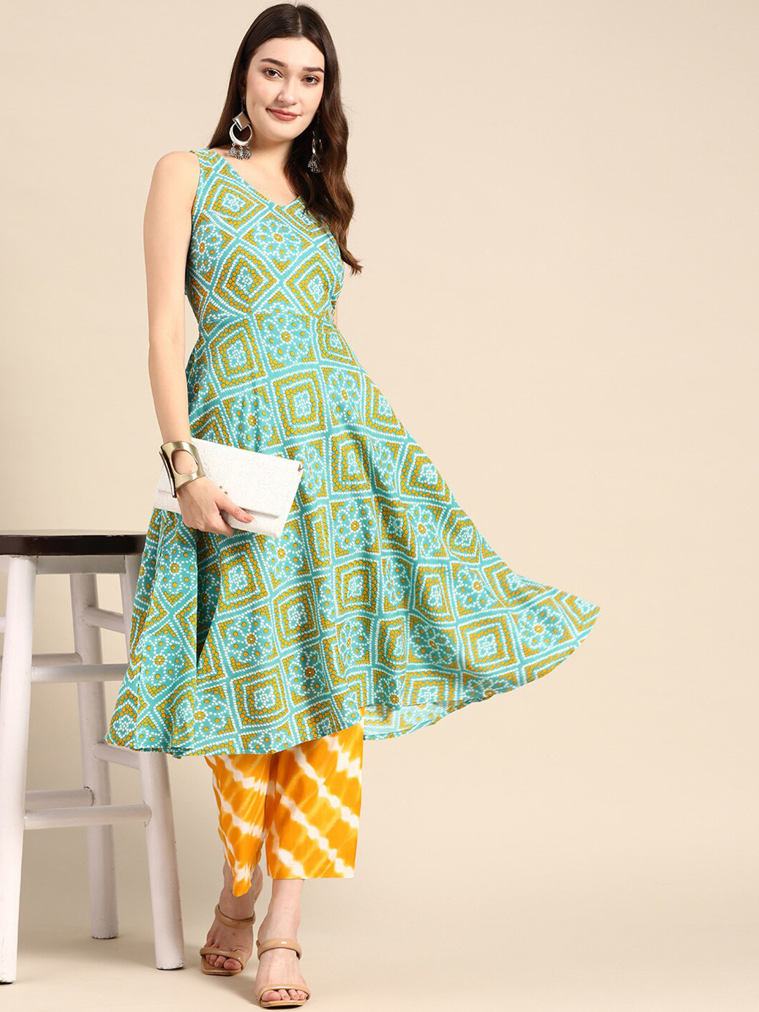 

MABISH by Sonal Jain Bandhani Printed Anarkali Kurta With Trouser, Green