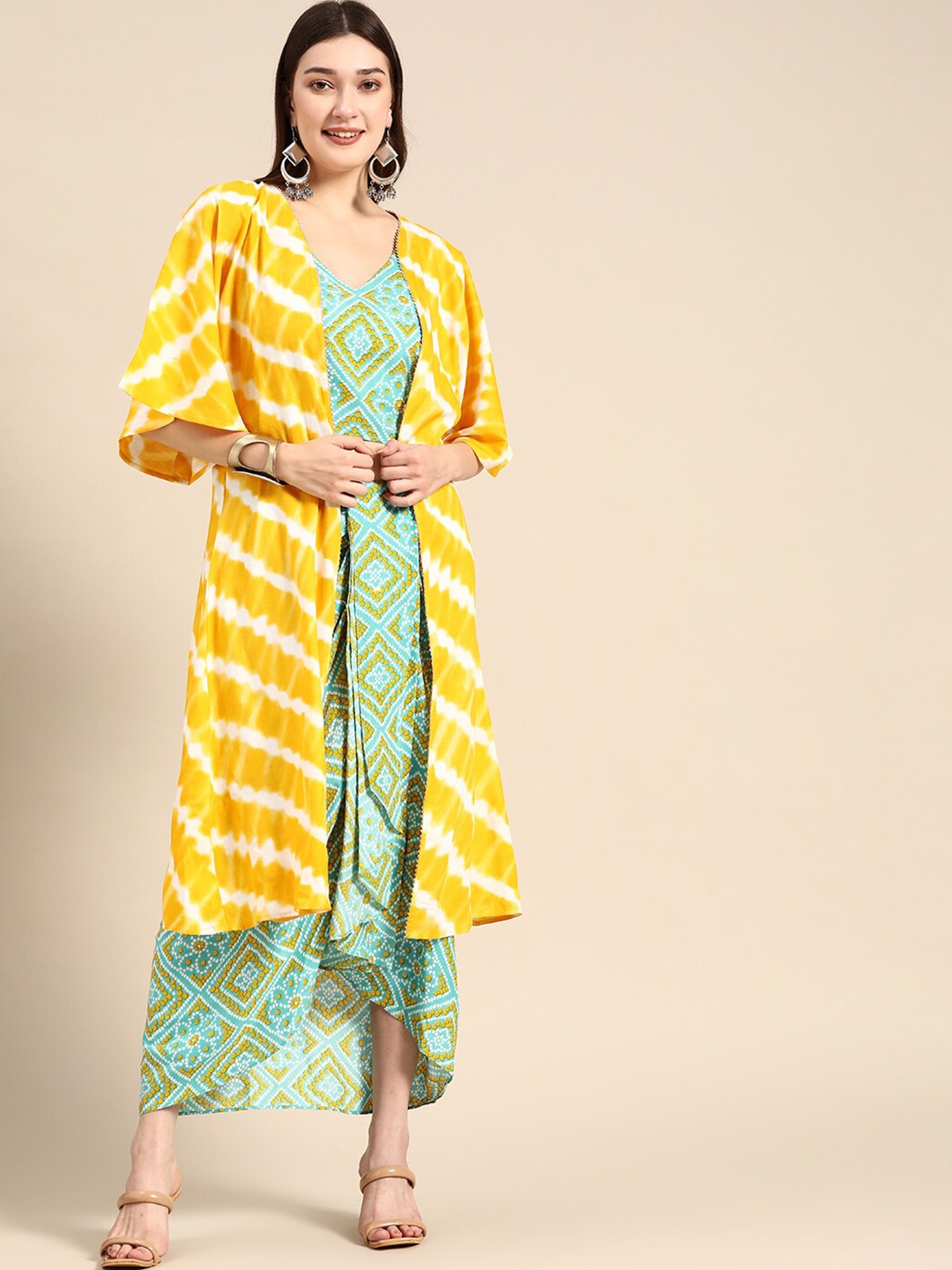 

MABISH by Sonal Jain Bandhani Printed Top & Shrug with Dhoti Skirt, Turquoise blue