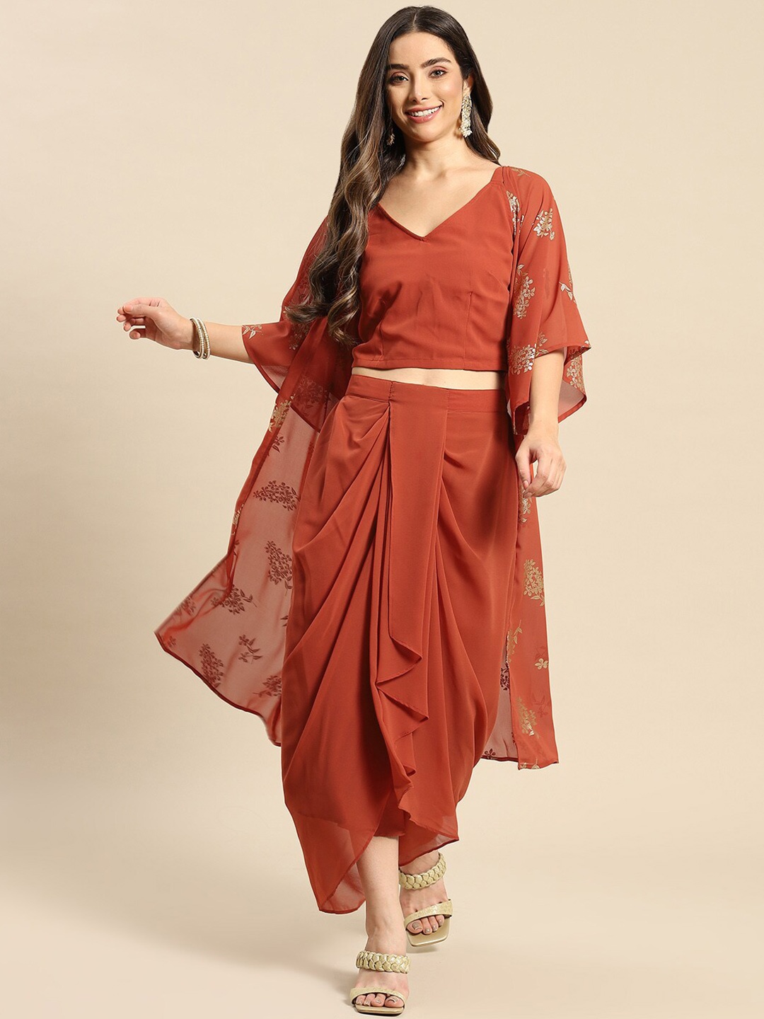 

MABISH by Sonal Jain V-Neck Crop Top & Skirt With Shrug, Rust