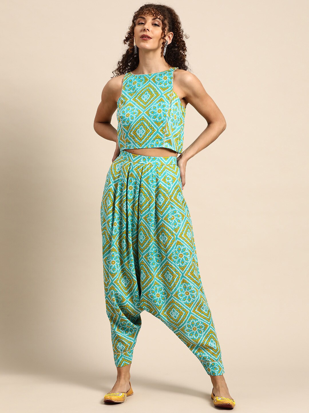 

MABISH by Sonal Jain Bandhani Printed Top With Dhoti Pants, Turquoise blue
