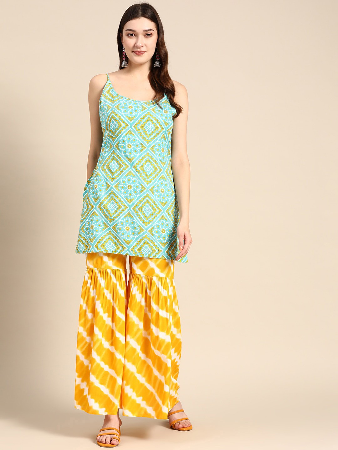 

MABISH by Sonal Jain Bandhani Printed Straight Kurta with Sharara, Turquoise blue