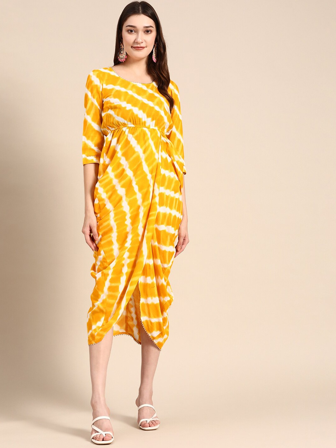 

MABISH by Sonal Jain Striped Overlap Midi Ethnic Dress, Yellow