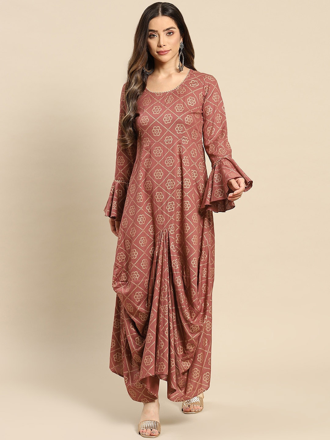 

MABISH by Sonal Jain Bandhani Printed Bell Sleeves A-Line Ethnic Dress, Brown