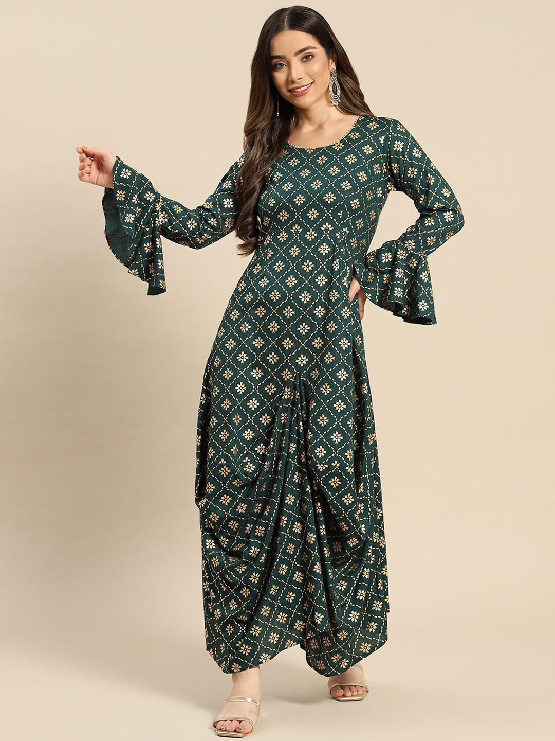 

MABISH by Sonal Jain Floral Printed Bell Sleeves Front Drape Maxi Dress, Green