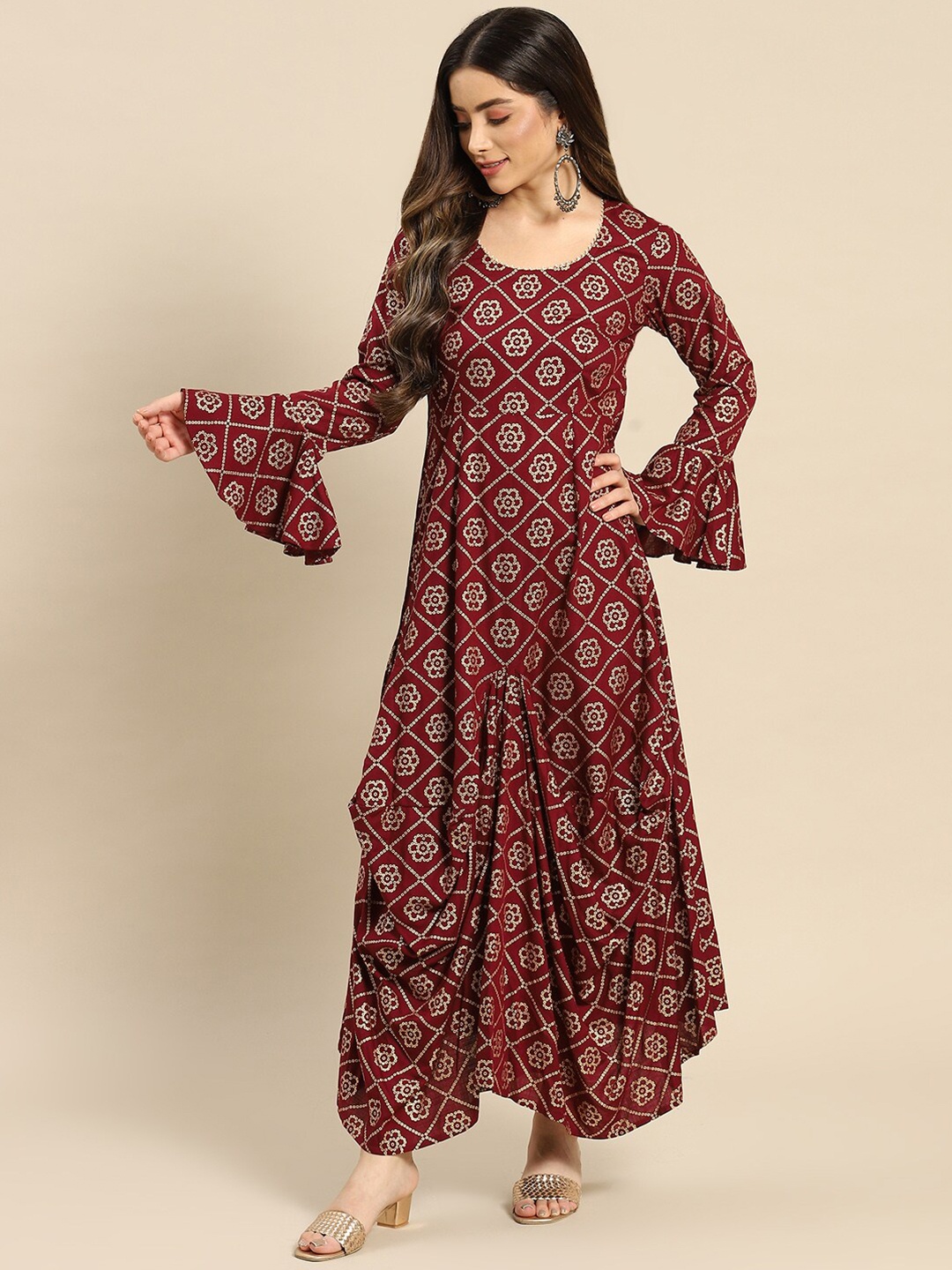 

MABISH by Sonal Jain Ethnic Motifs Printed Fit & Flared Ethnic Dresses With Front Drape, Burgundy