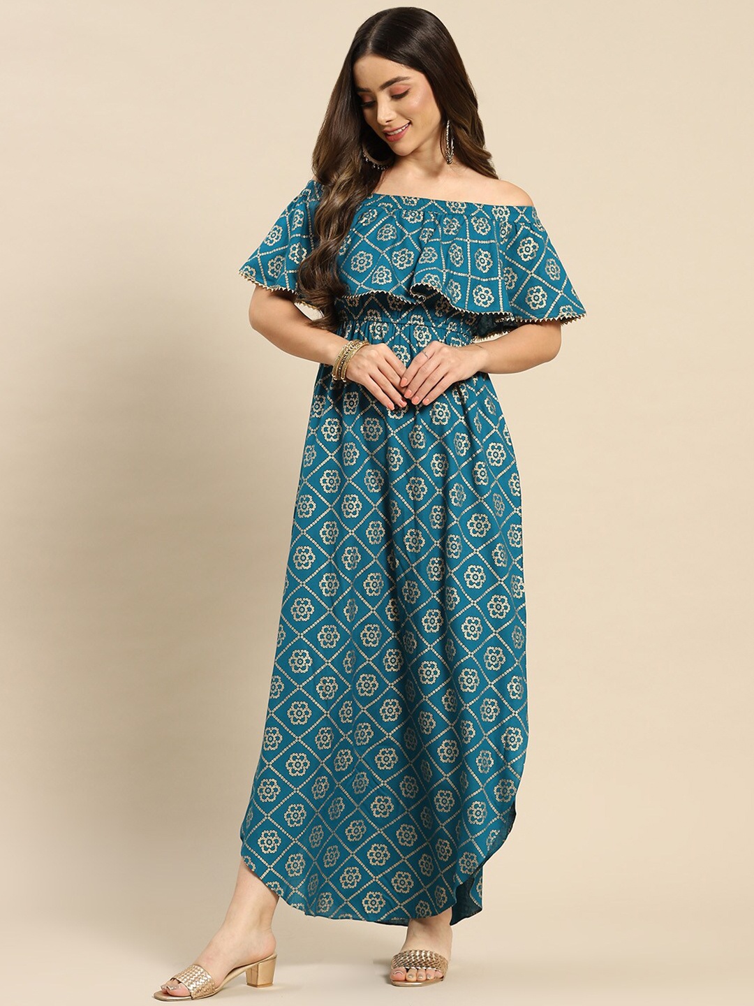 

MABISH by Sonal Jain Bandhani Printed Off Shoulder Gotta Patti Sheath Maxi Dress, Turquoise blue