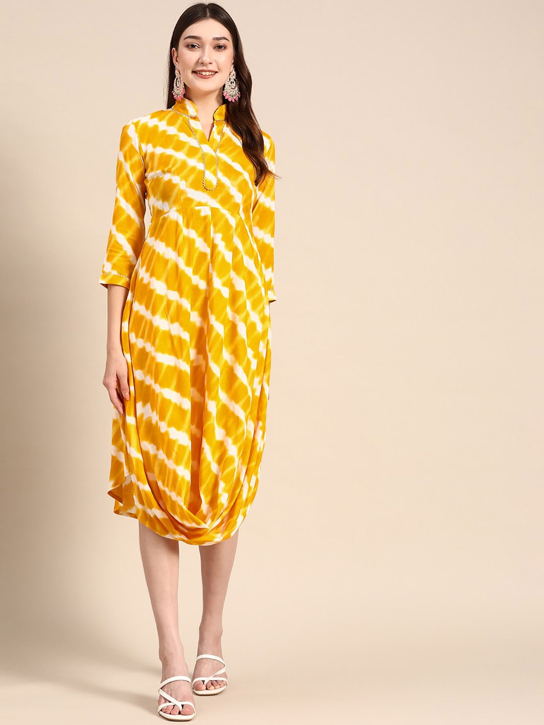 

MABISH by Sonal Jain Tie & Dye Printed Mandarin Collar Gotta Patti A-Line Ethnic Dress, Yellow