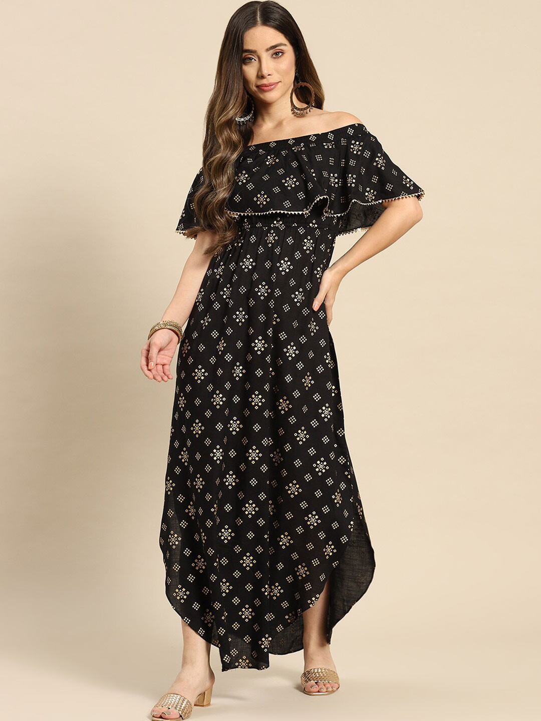 

MABISH by Sonal Jain Geometric Printed Off Shoulder Gotta Patti Sheath Maxi Dress, Black