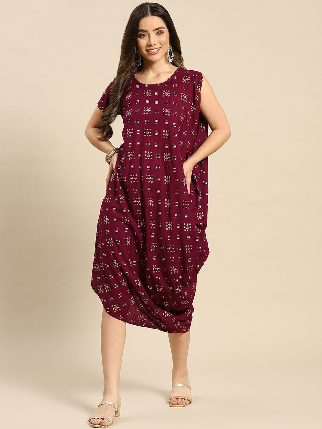 

MABISH by Sonal Jain Geometric Printed Gotta Patti Asymmetric Cowl Sheath Midi Dress, Burgundy