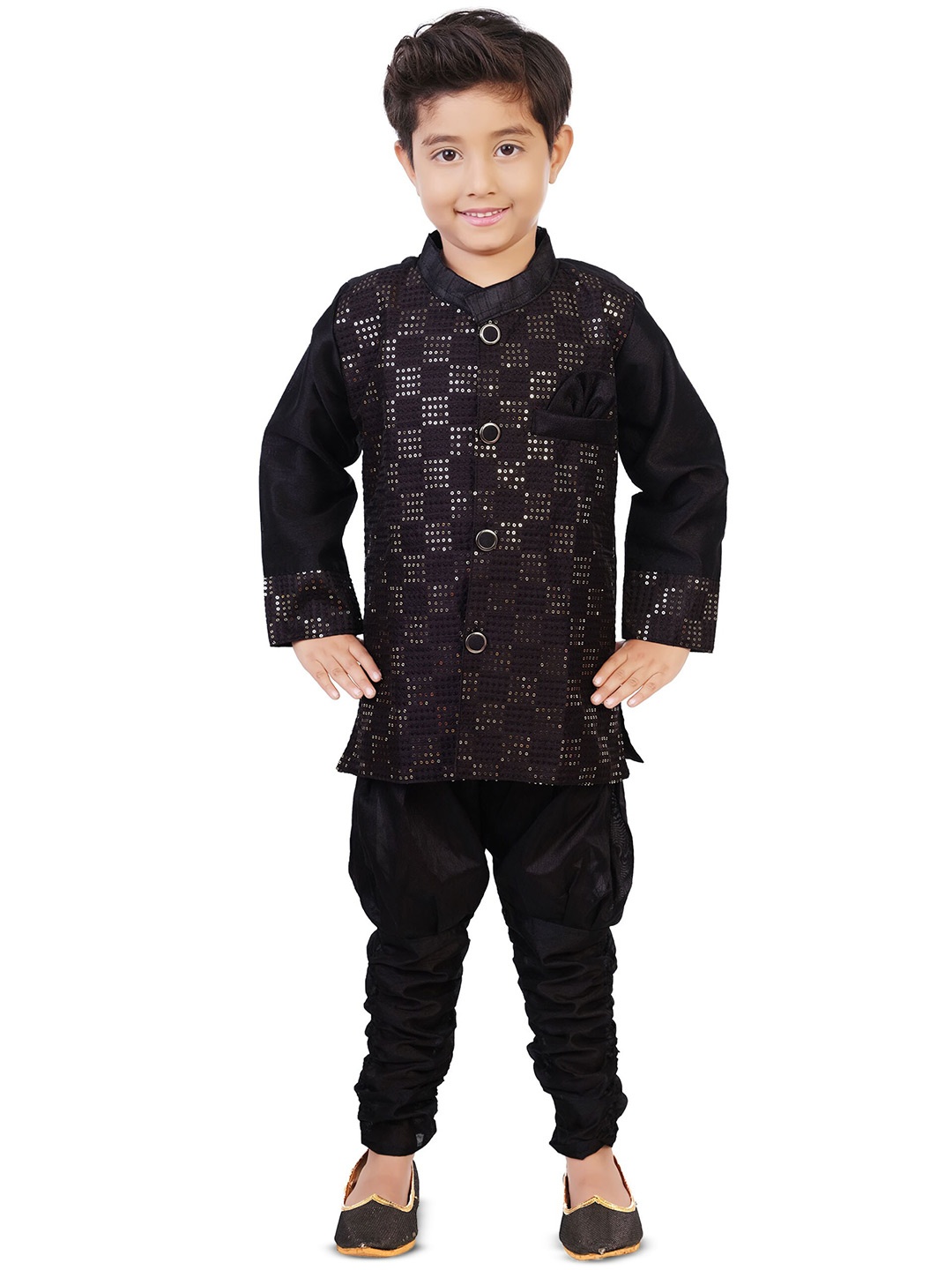 

CELEBRITY CLUB Boys Ethnic Motifs Embellished Band Collar Sherwani Set, Black