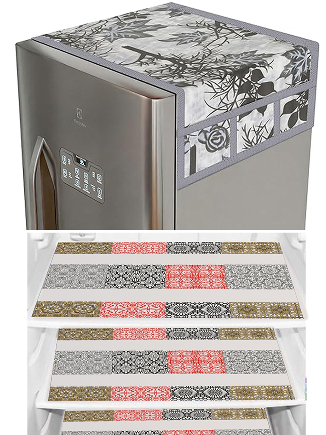 

Dakshya Industries Grey & Pink 4 Pieces Printed Refrigerator Covers, Green