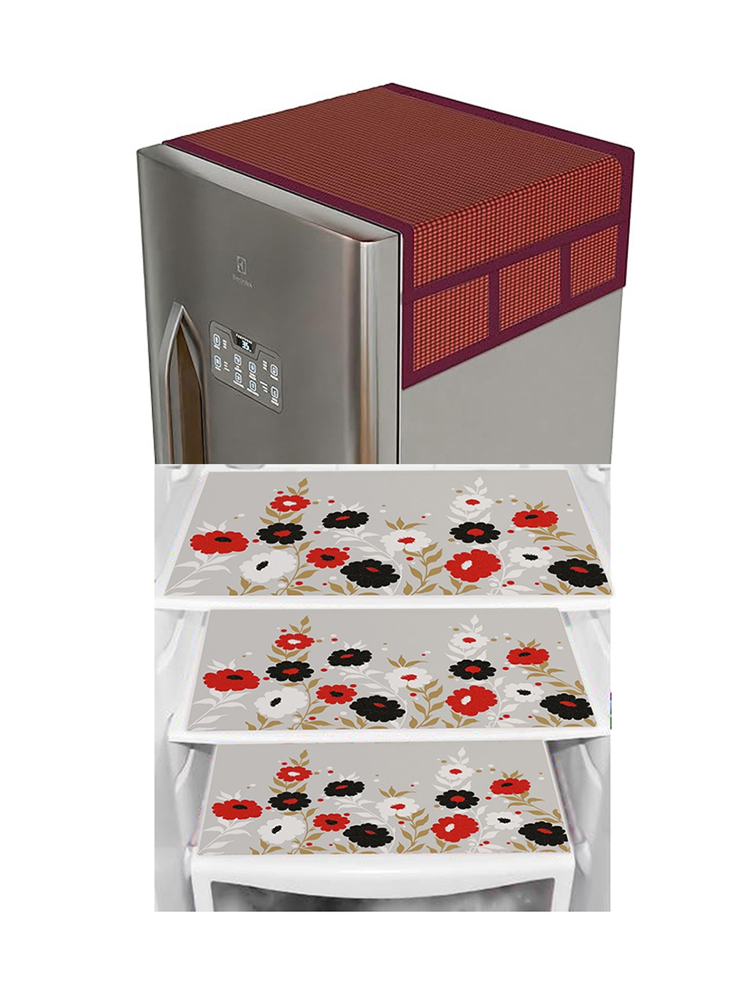 

Dakshya Industries Beige 4 Pieces Printed Refrigerator Covers With Fridge Mats