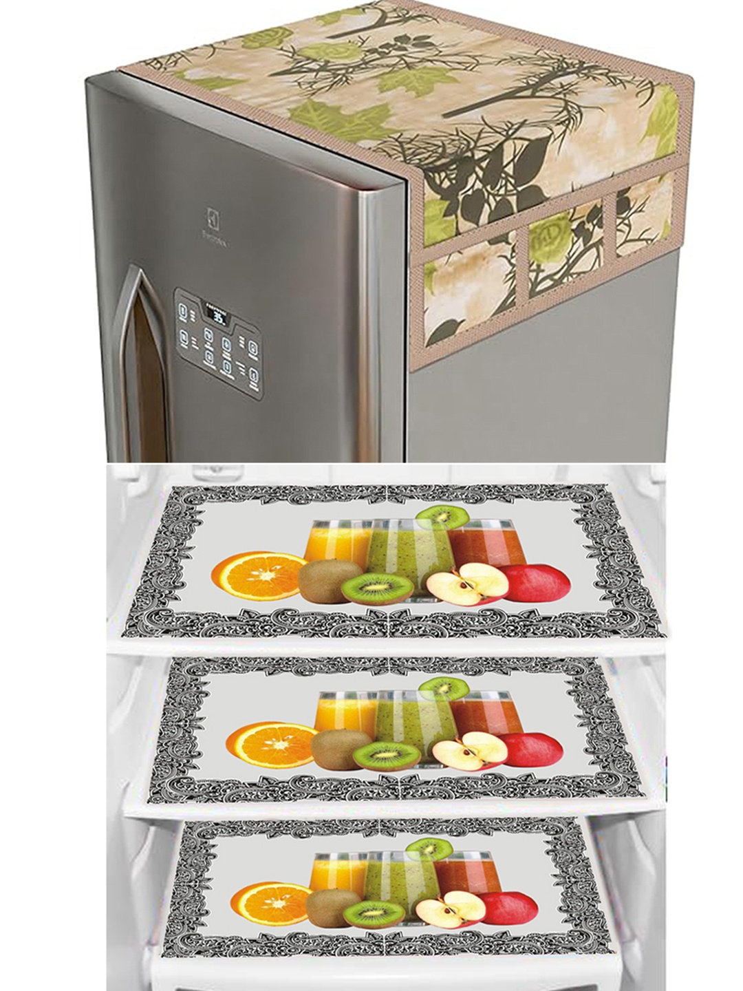 

Dakshya Industries 4 Pieces Printed Printed Refrigerator Covers With Fridge Mats, Green