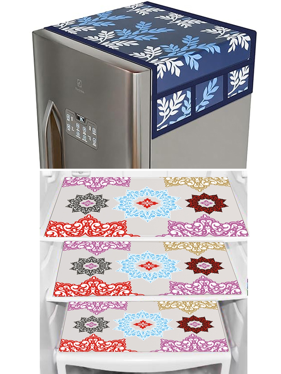 

Dakshya Industries Blue & White 4 Pieces Printed Refrigerator Cover & Mat