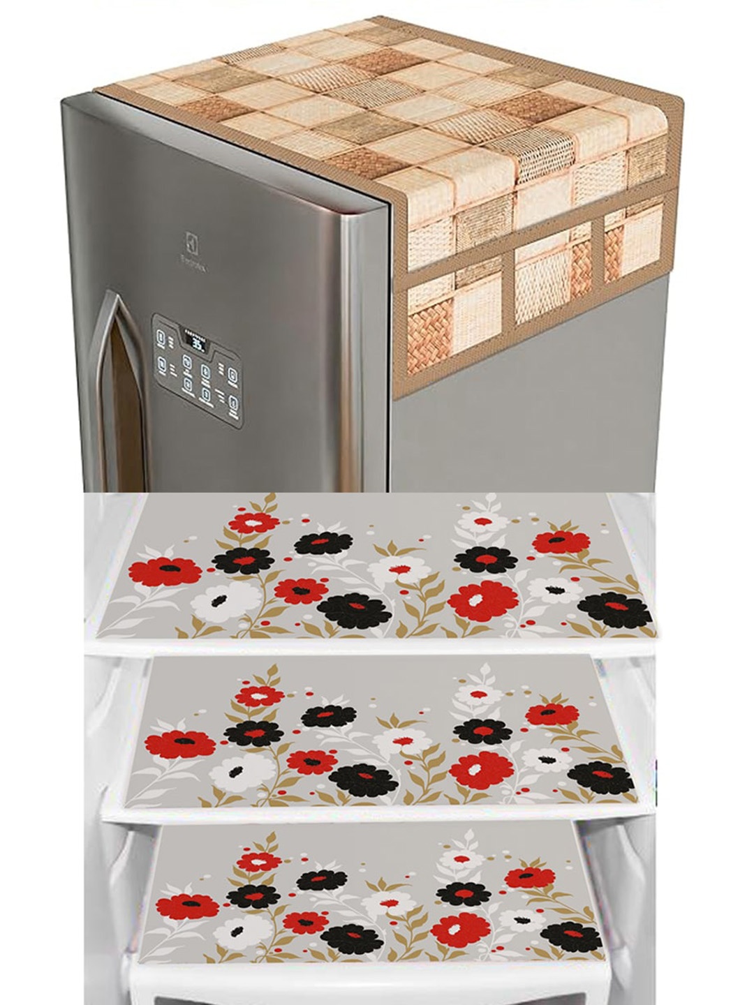 

Dakshya Industries Beige 4 Pieces Floral Refrigerator covers & Mats