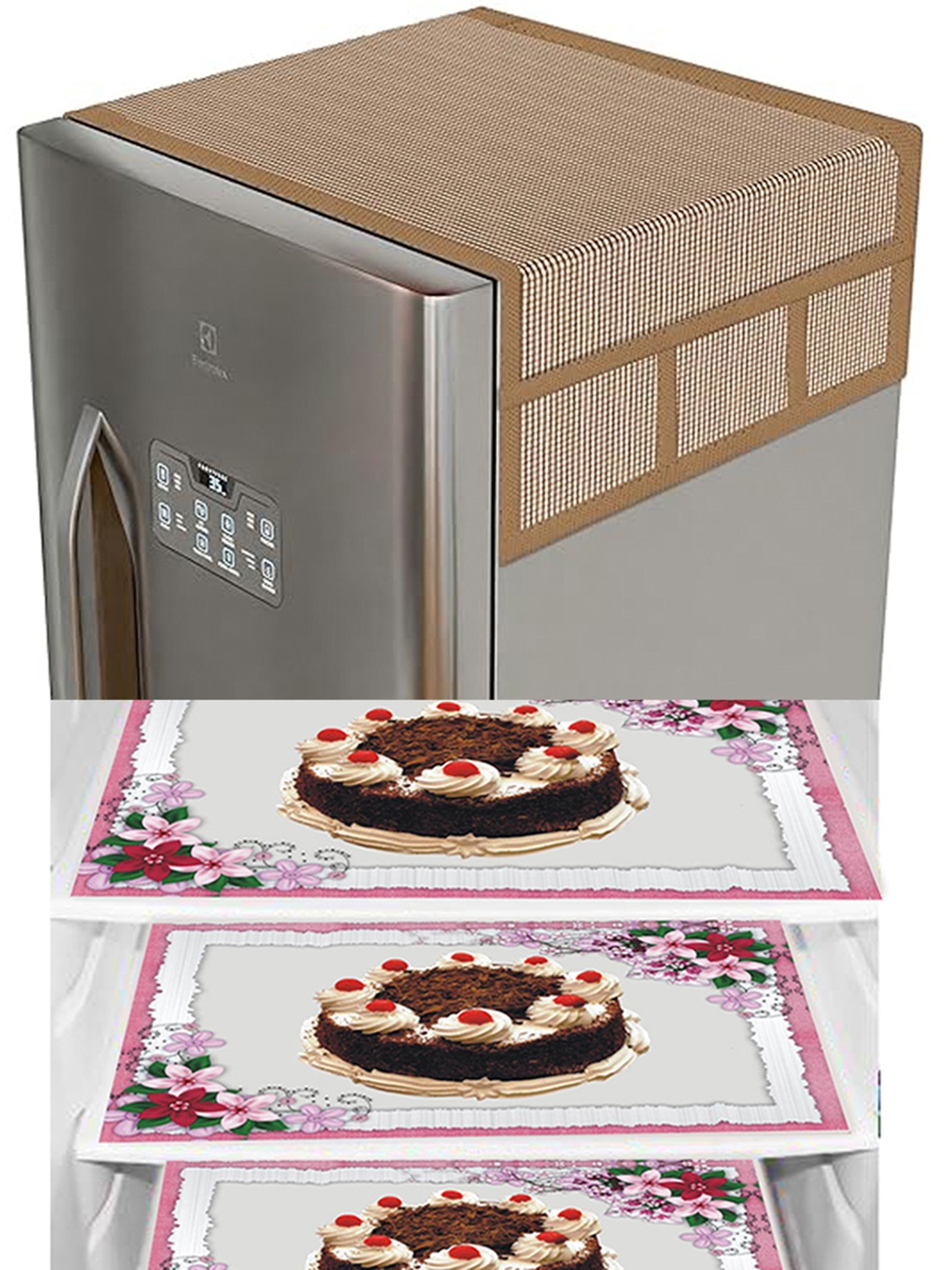 

Dakshya Industries Pink & Brown Floral Printed Waterproof Fridge Cover With 3 Fridge Mats