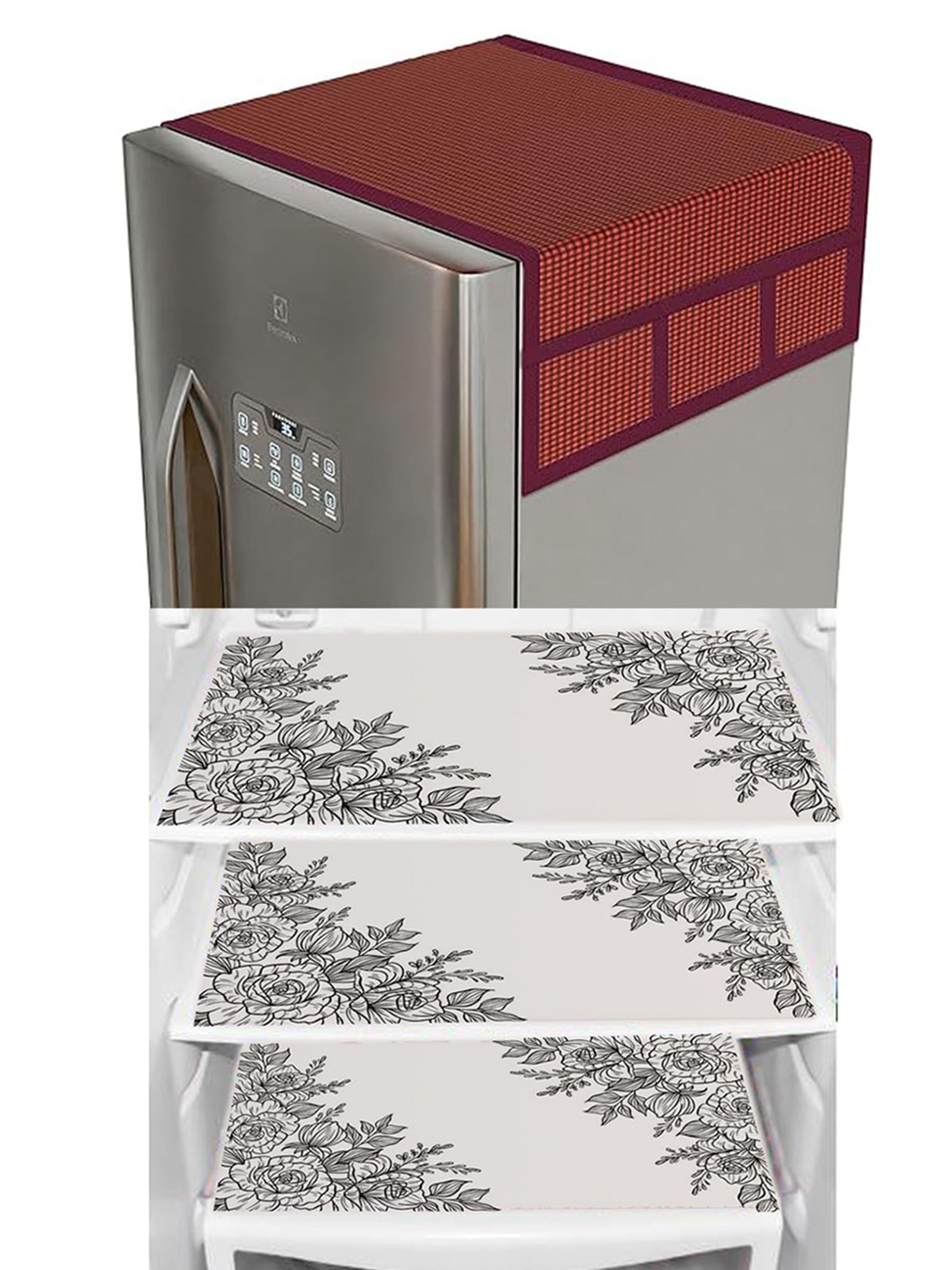 

Dakshya Industries White& Maroon 4 Pieces Printed Refrigerator covers & Mats