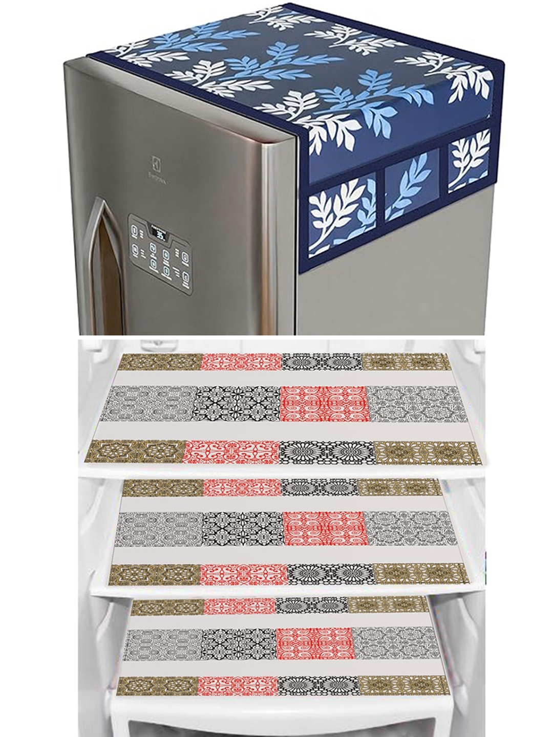 

Dakshya Industries Blue 4 Pieces Floral Refrigerator covers & Mats