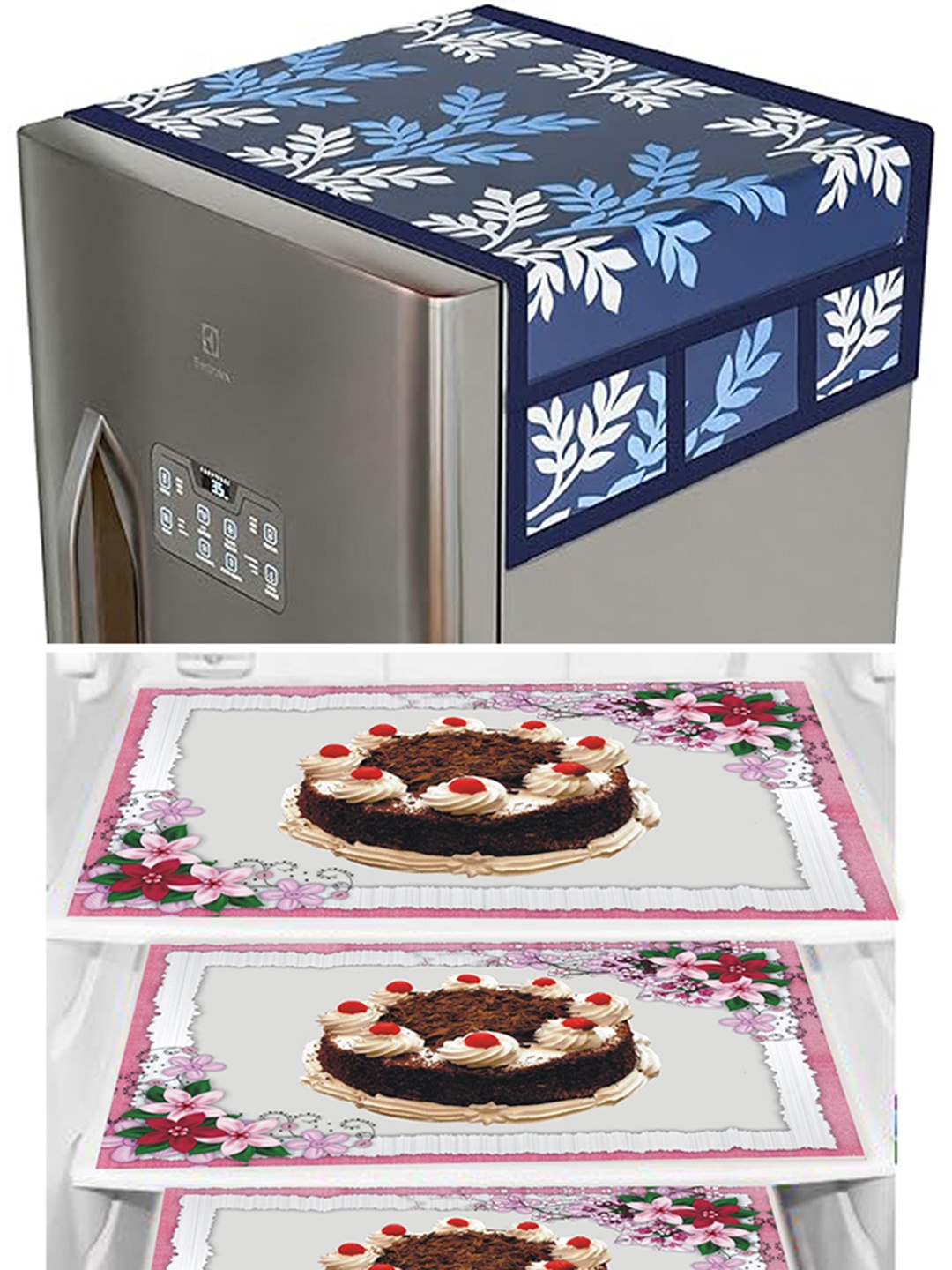 

Dakshya Industries Brown & Blue 4 Pieces Printed Refrigerator Covers With Fridge Mats