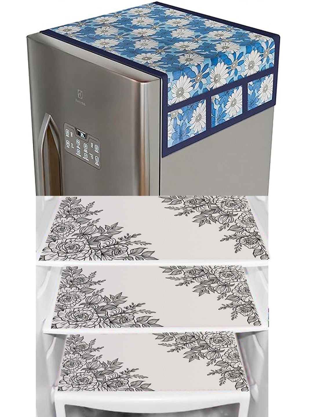 

Dakshya Industries White & Blue 4Pcs Printed Refrigerator Cover Combo