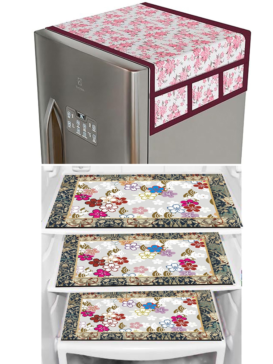 

Dakshya Industries Pink & White 4 Pieces Printed Refrigerator Cover and Mats