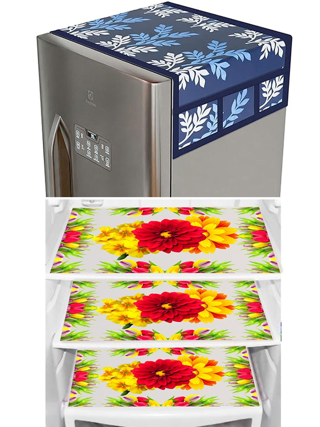 

Dakshya Industries Yellow & Blue Floral 4Pcs Printed Fridge Cover With Fridge Mats